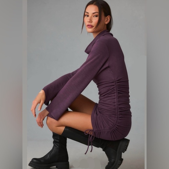 NEW Daily Practice by Anthropologie Long-Sleeve Ruched Mini Dress Plumb Sz XS - Picture 1 of 8